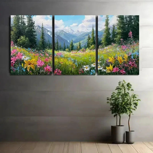 3pcs Vibrant Wildflower Landscape with Mountains Metal Print Ready to Hang Art
