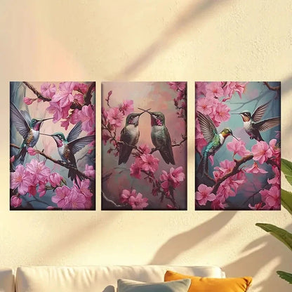 3pcs Hummingbirds and Pink Flowers Wall Art Set Canvas Framed 60x90cm - High Quality Print 100% Australian Made Wall Canvas Ready to Hang