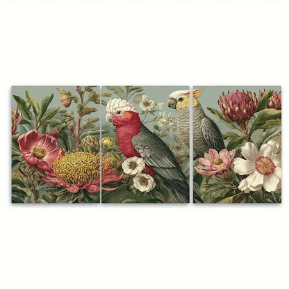 3pcs Melbourne Travel Botanical and Bird Design Wall Art Set Canvas Framed 50x70cm - High Quality Print 100% Australian Made Wall Canvas Ready to Hang