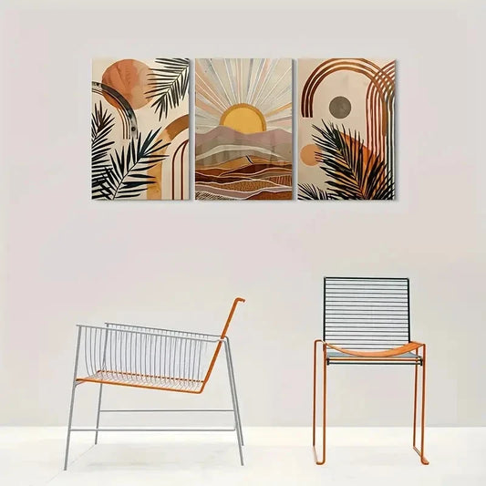 3pcs Abstract Sunset Palm Leaf & Geometric Design Metal Print Ready to Hang Art