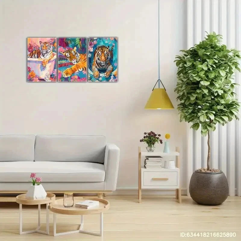3pcs Tiger in the Bathtub Floral Art Animal Metal Print Ready to Hang Art