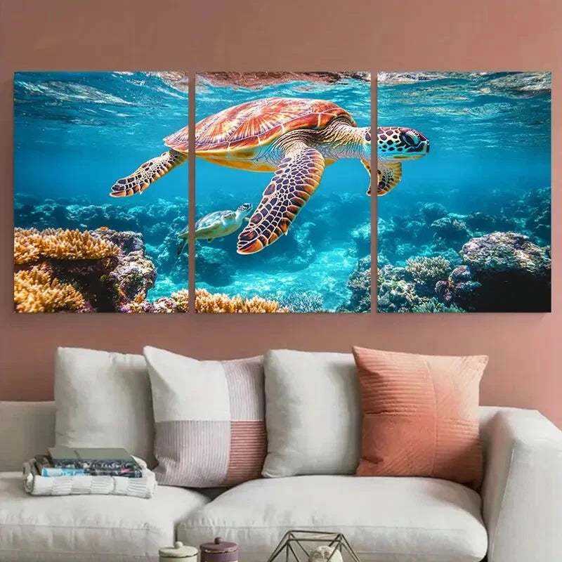 3pcs Tropical Seascape with Turtle Swimming Reef Metal Print Ready to Hang Art