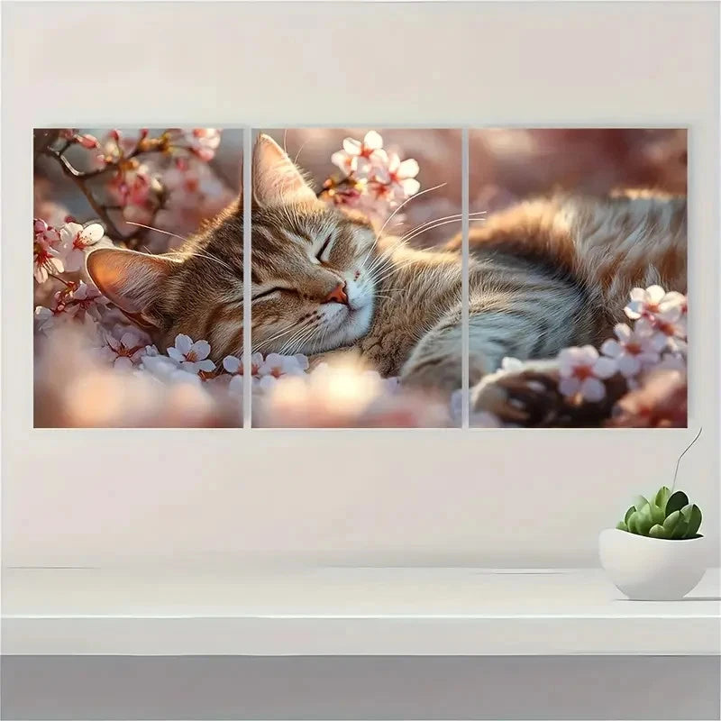 3pcs Sleeping Cat on Cherry Blossom Metal Print Ready to Hang Art