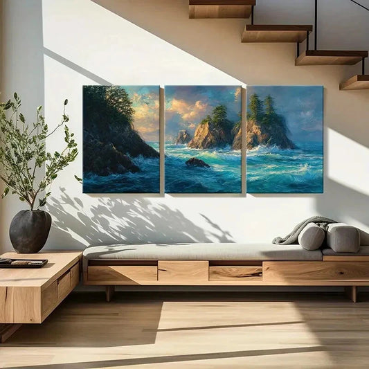 3pcs Ocean Waves Rocky Cliffs Coastal Landscape Metal Print Ready to Hang Art