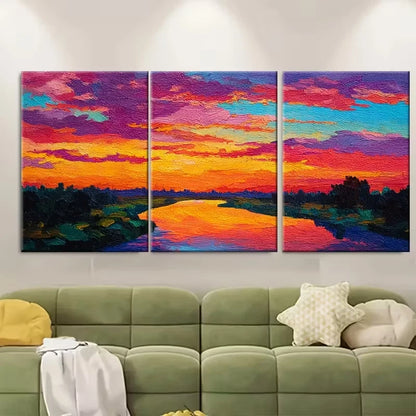 3pcs Bright Sunset Over The River, Metal Print Ready to Hang Art