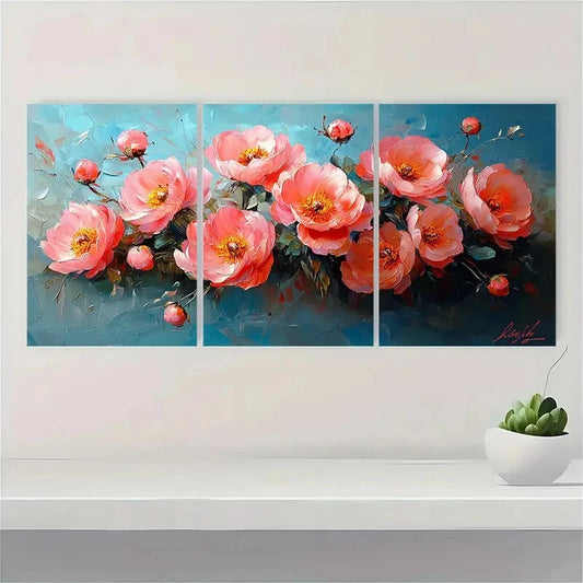 3pcs Pink Peonies Impasto Painting Oil Painting Metal Print Ready to Hang Art
