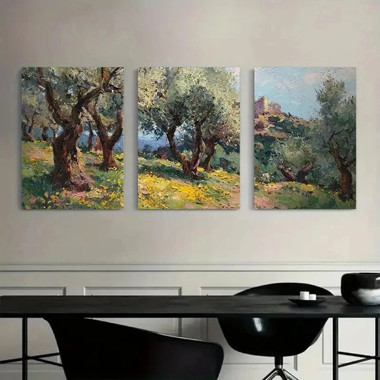 3pcs Vintage Olive Grove Nature Scene Metal Print Ready to Hang Art