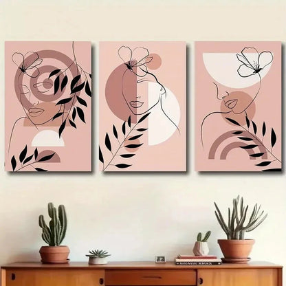 3pcs Abstract Women Portrait with Floral Element Metal Print Ready to Hang Art