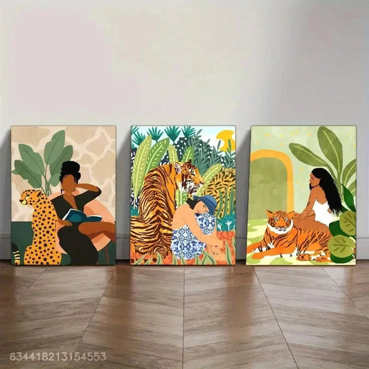 3pcs Cheetah Tiger And Beauty Decorative Metal Print Ready to Hang Art