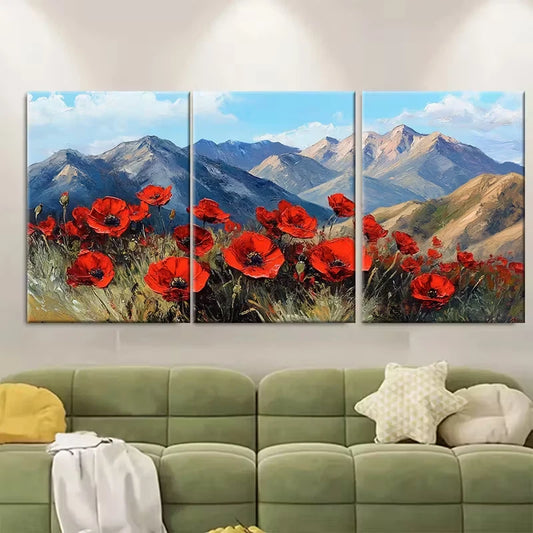 3pcs Mountain and Poppies Oil Painting Metal Print Ready to Hang Art