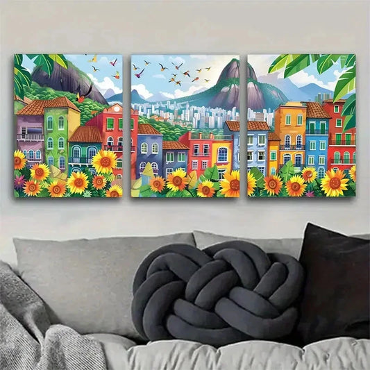 3pcs Vibrant Townscape and Sunflower Mountain Metal Print Ready to Hang Art