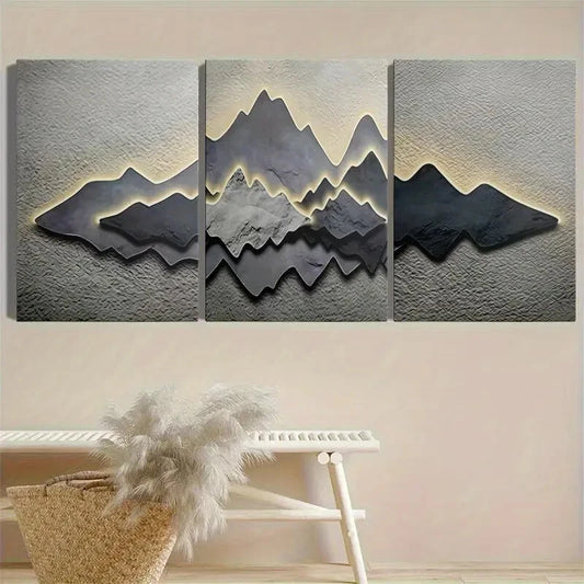 3pcs Abstract Mountain Range Black and Gray Metal Print Ready to Hang Art