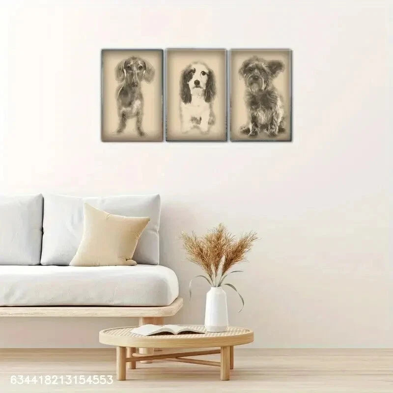 3pcs Vintage Dog Sketches Art Ensemble Metal Print Ready to Hang Art
