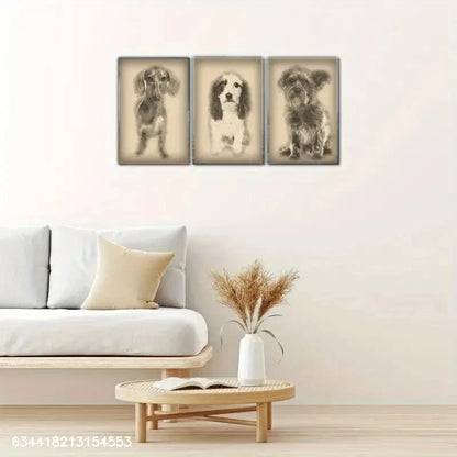 3pcs Vintage Dog Sketches Art Ensemble Metal Print Ready to Hang Art