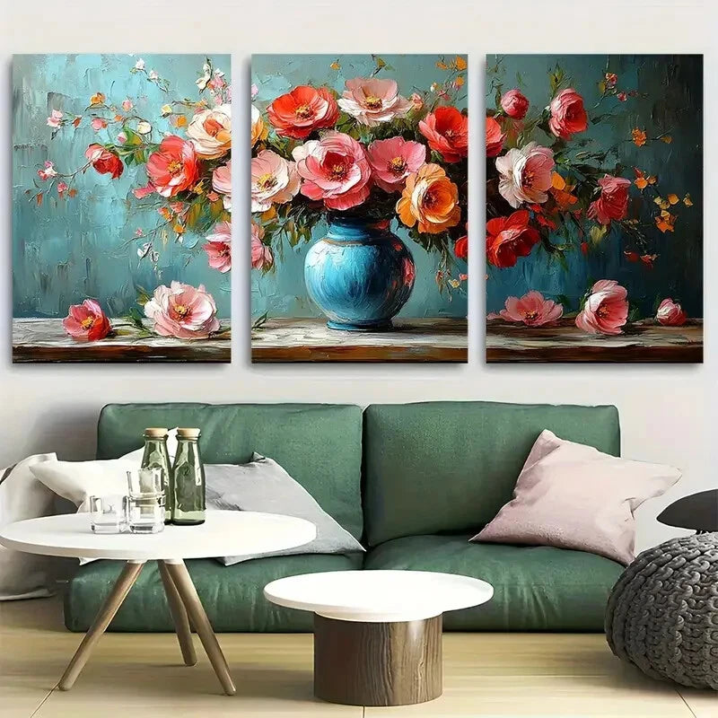 3pcs Elegant Floral Still Life in Vase Design Metal Print Ready to Hang Art