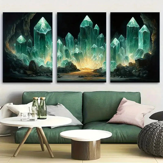 3pcs Mystical Underground Giant Glowing Crystals Metal Print Ready to Hang Art