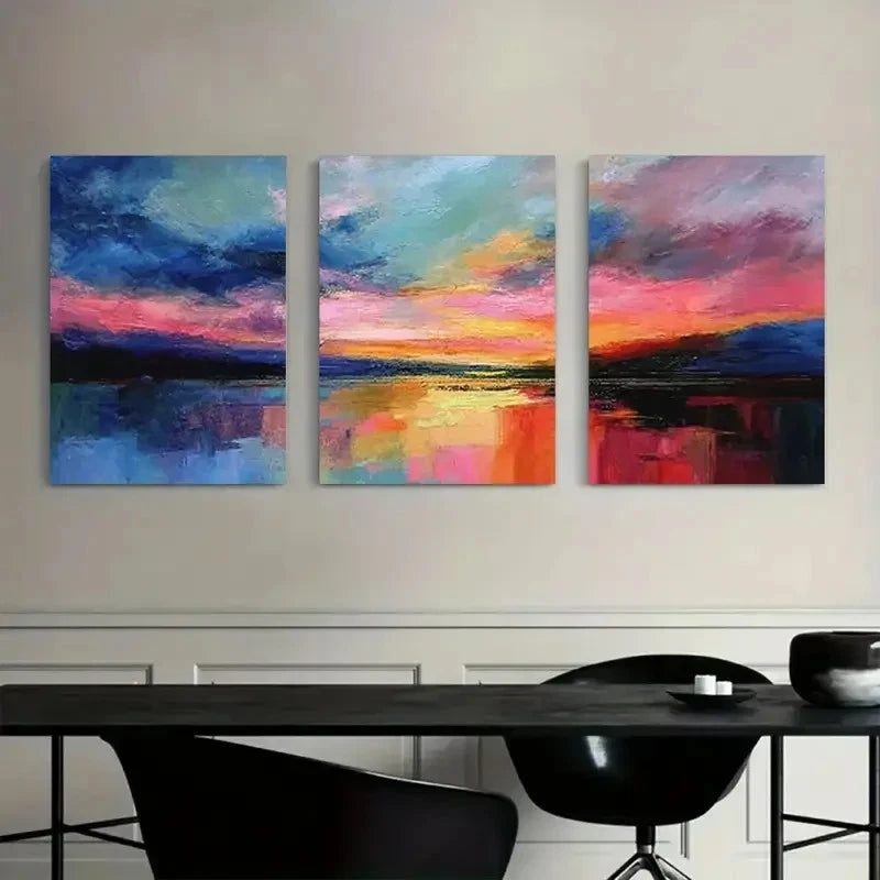 3pcs , Colorful Sky and Waves Landscape Painting Metal Print Ready to Hang Art