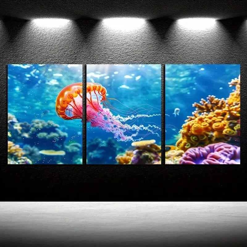 3pcs Vibrant Marine Organisms Theme Metal Print Ready to Hang Art