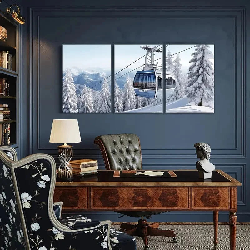 3pcs Winter Wonderland Cable Car Snowy Mountains Metal Print Ready to Hang Art