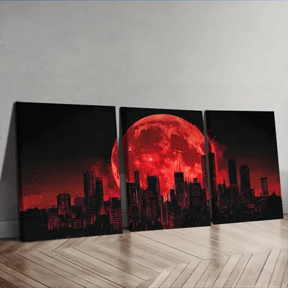 3pcs Big Red Moon Over Cityscape Wall Art Set Canvas Unframed - High Quality Print 100% Australian Made Wall Canvas