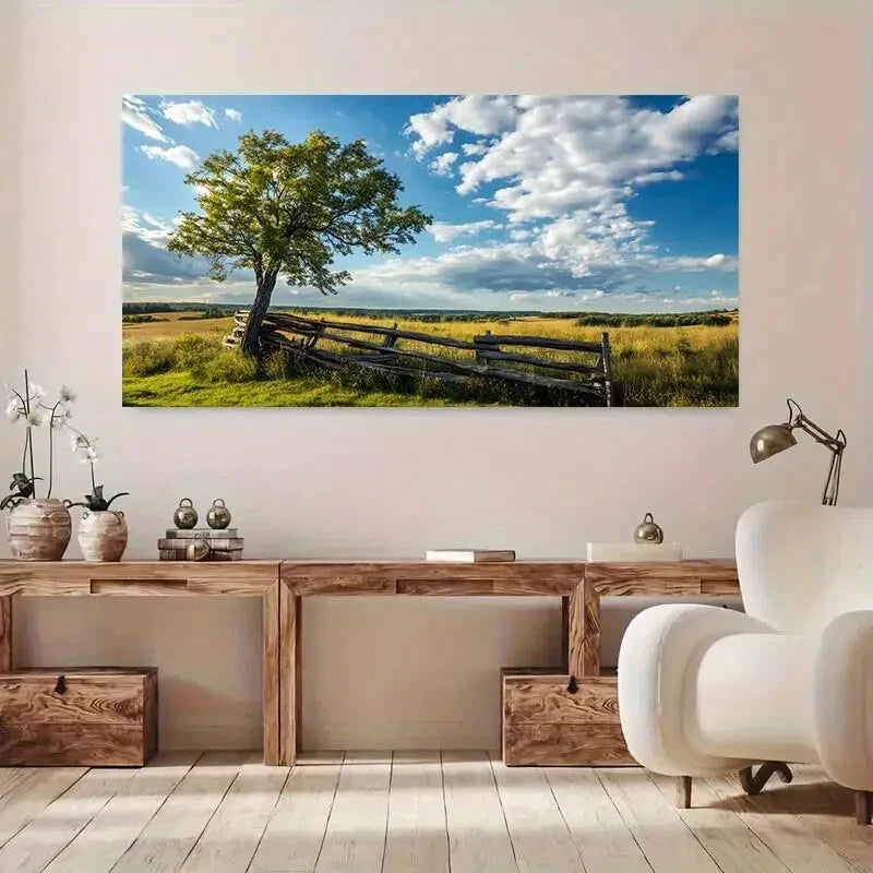 Wooden Fence & Tree Field wall canvas office home room framed 120x60cm - Bella Home Decor