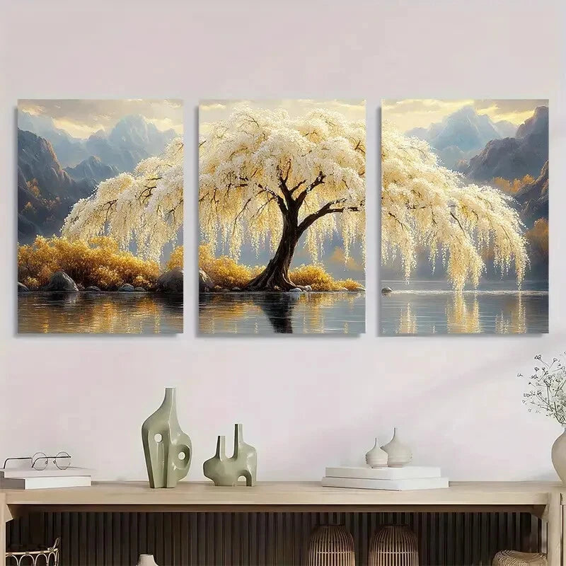 3pcs Serene Willow Tree & White Flowers Metal Print Ready to Hang Art