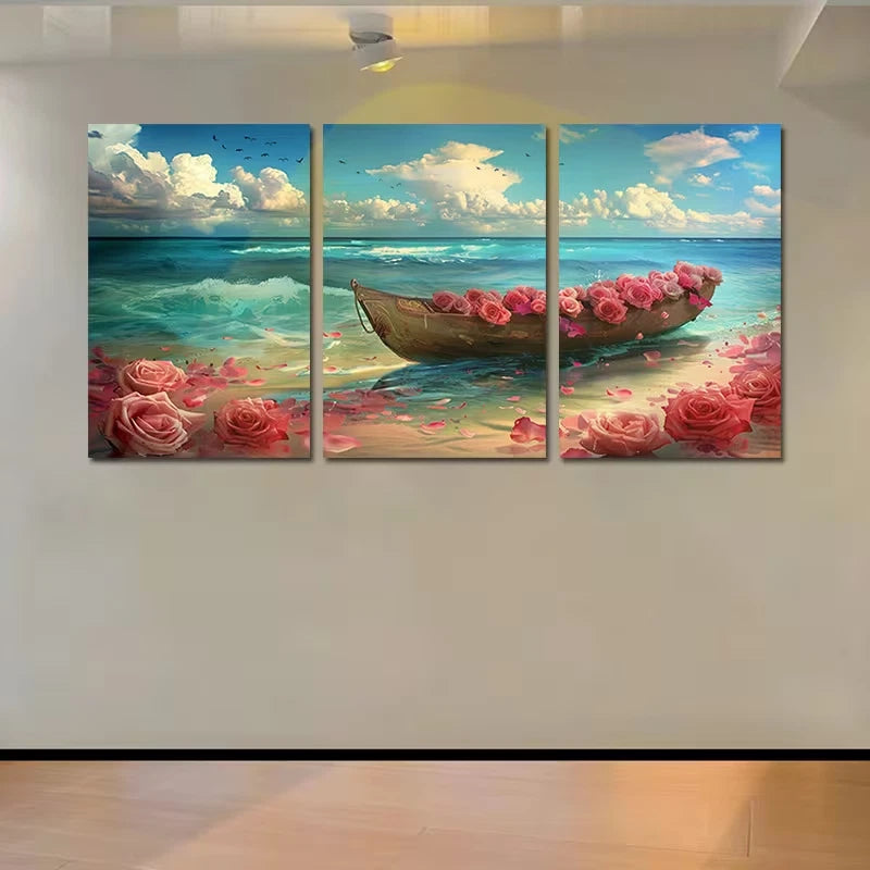 3pcs Serene Beach Scene with Boat and Roses Wall Art Set Canvas Framed 60x90cm - High Quality Print 100% Australian Made Wall Canvas Ready to Hang