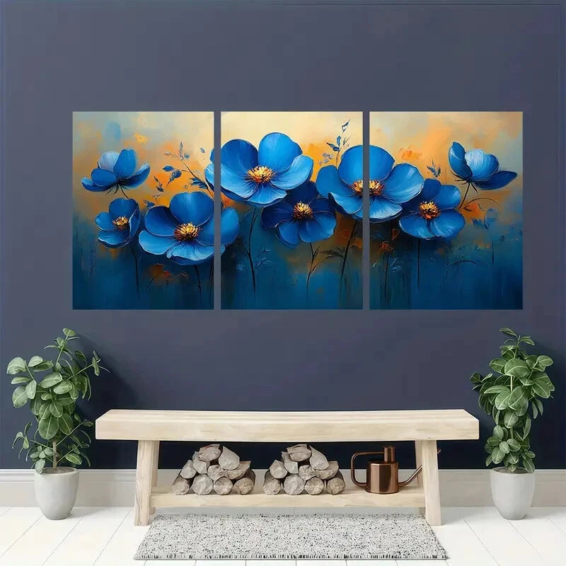 3pcs Original Blue Floral Oil Painting Metal Print Ready to Hang Art