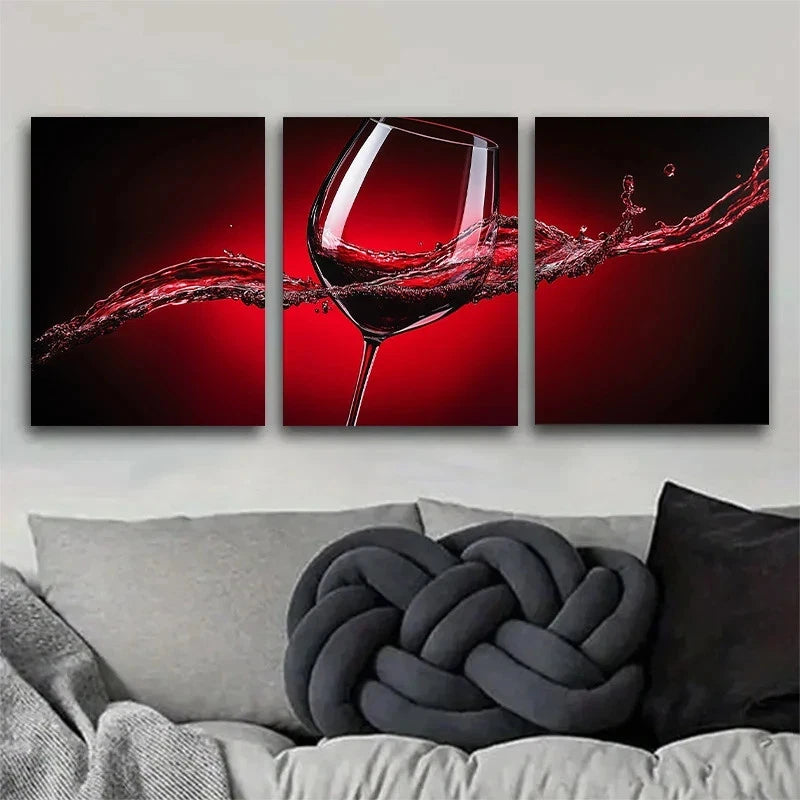 3pcs Dynamic Red Wine Splash Design Metal Print Ready to Hang Art