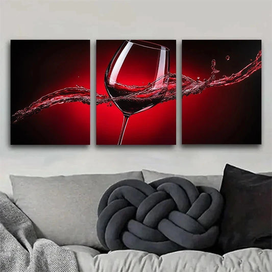 3pcs Dynamic Red Wine Splash Design Metal Print Ready to Hang Art