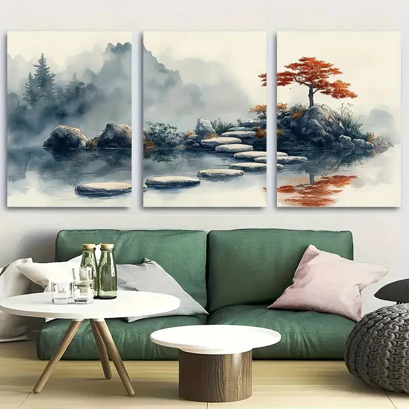 3pcs Japanese Zen Garden Stepping Stones Metal Print Ready to Hang Art