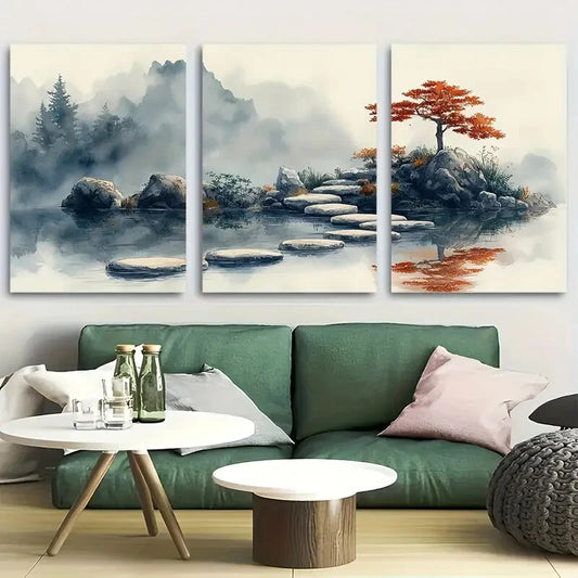 3pcs Japanese Zen Garden Stepping Stones Metal Print Ready to Hang Art