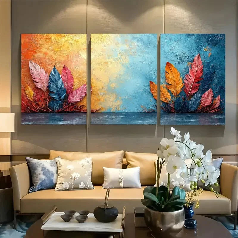 3pcs Vibrant Rustic Bohemian Feather Metal Print Ready to Hang Art
