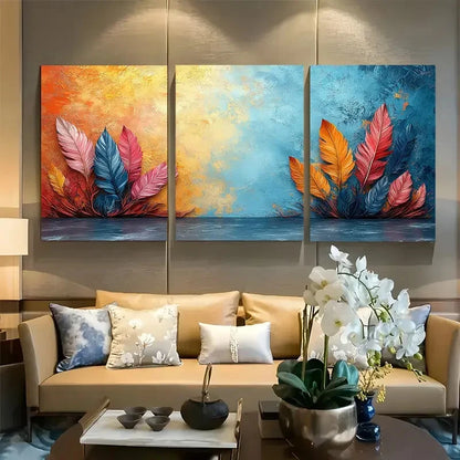 3pcs Vibrant Rustic Bohemian Feather Metal Print Ready to Hang Art