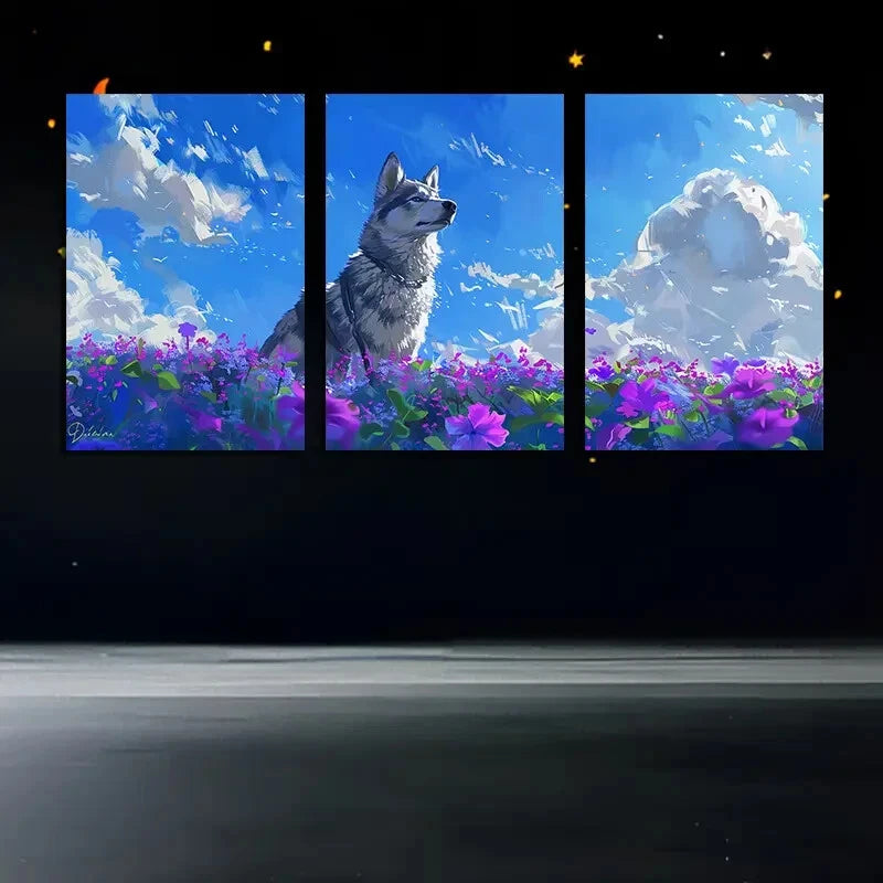 3pcs Vibrant Husky in The Flower Field with Sky Metal Print Ready to Hang Art