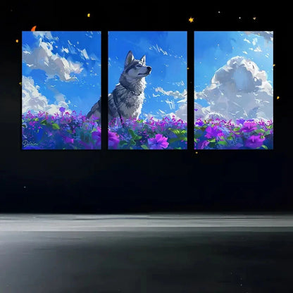 3pcs Vibrant Husky in The Flower Field with Sky Metal Print Ready to Hang Art