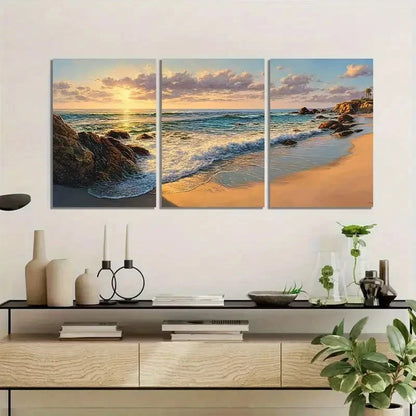 3pcs Panoramic View of The Beach at Sunset Metal Print Ready to Hang Art