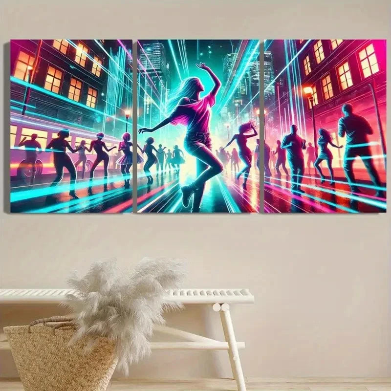 3pcs Rebellious Dancer & Party Scene Cityscape Metal Print Ready to Hang Art