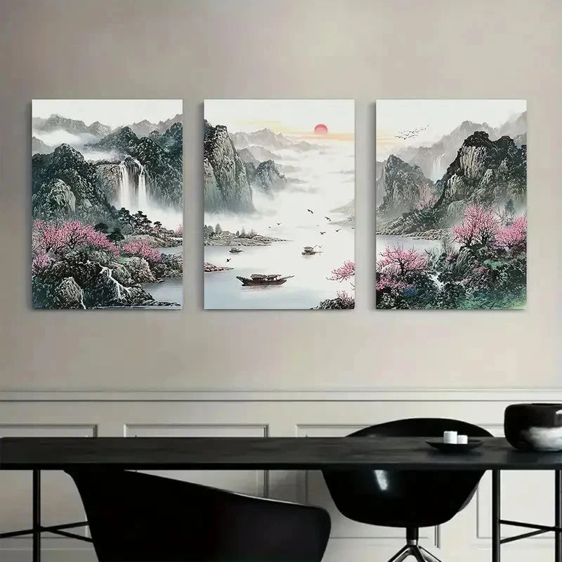 3pcs Traditional Chinese Landscape Painting Metal Print Ready to Hang Art