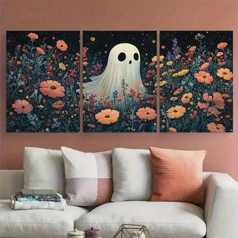 3pcs Horror Spooky Cute Ghost with Florals Wall Art Set Canvas Framed 60x90cm - High Quality Print 100% Australian Made Wall Canvas Ready to Hang