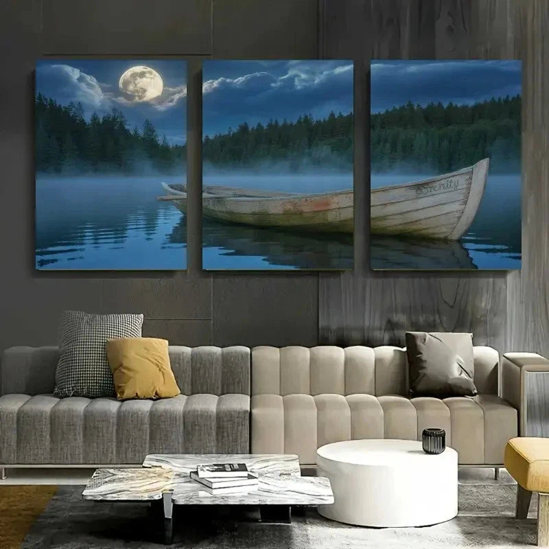 3pcs Full Moon Rowboat Pine Trees Calm Lake Metal Print Ready to Hang Art