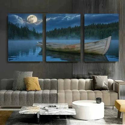 3pcs Full Moon Rowboat Pine Trees Calm Lake Metal Print Ready to Hang Art