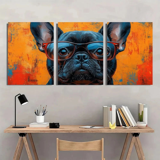 3pcs Abstract French Bulldog with Glasses Metal Print Ready to Hang Art
