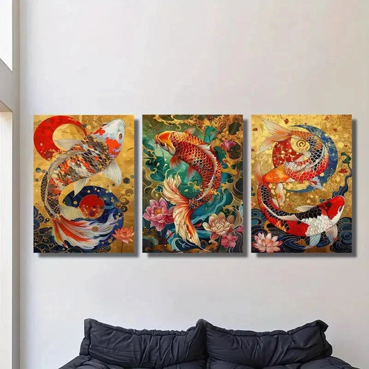 3pcs Vibrant Koi Fish Colorful Metal Print Ready to Hang Art