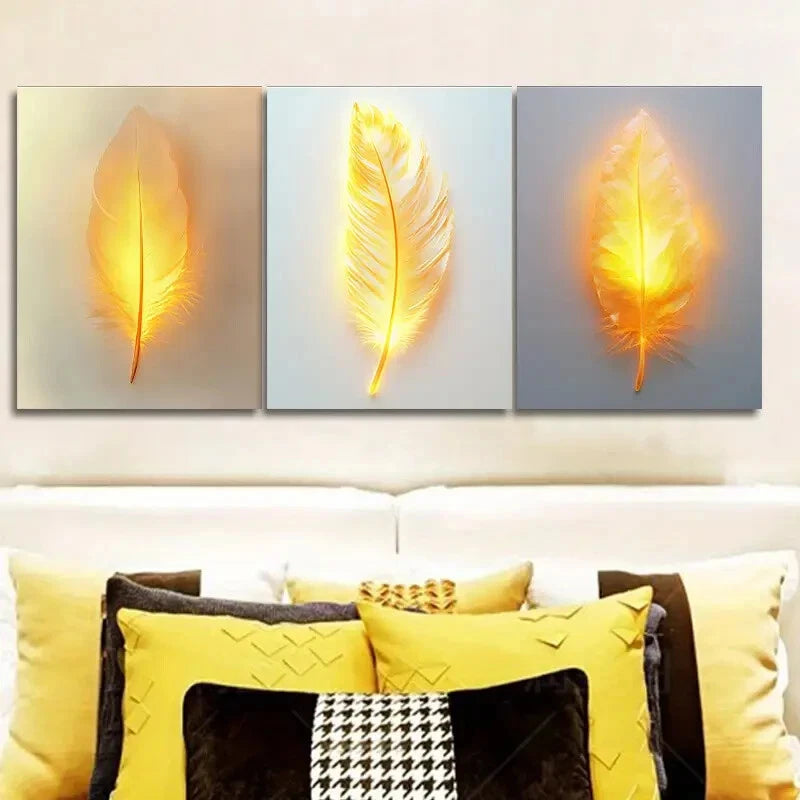 3pcs Feathers Glowing Golden Wings Metal Print Ready to Hang Art