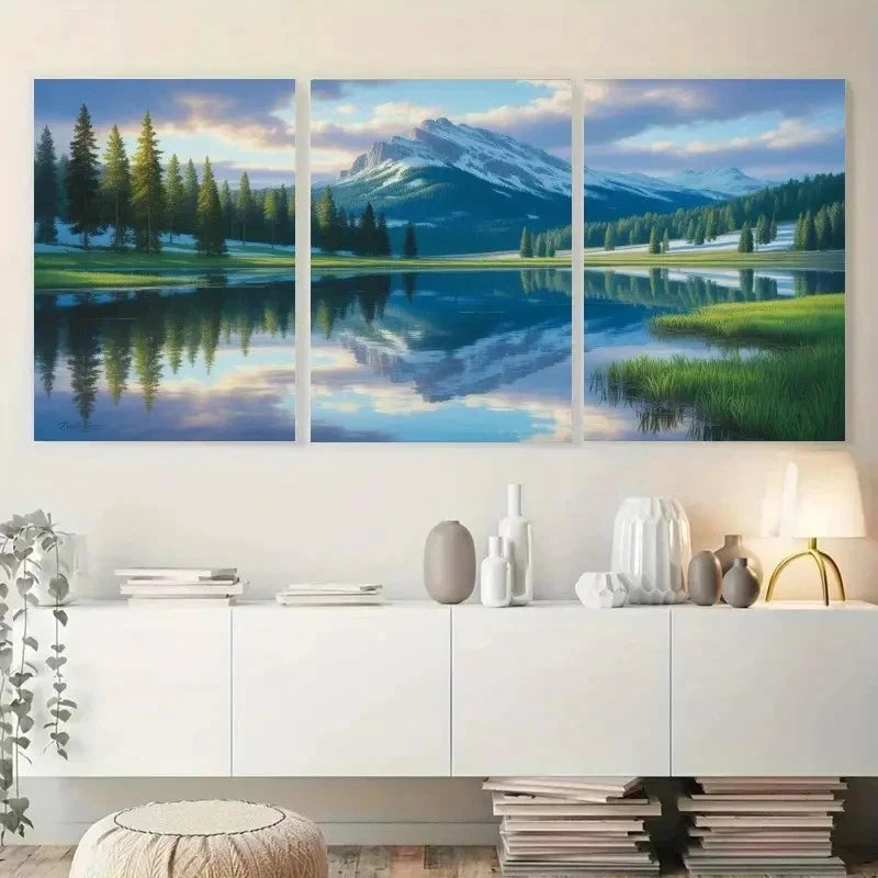3pcs Mountains Pine Trees Lake Reflection Metal Print Ready to Hang Art