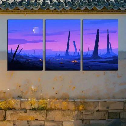 3pcs Vibrant Purple Planet Ruins Theme Metal Print Ready to Hang Art