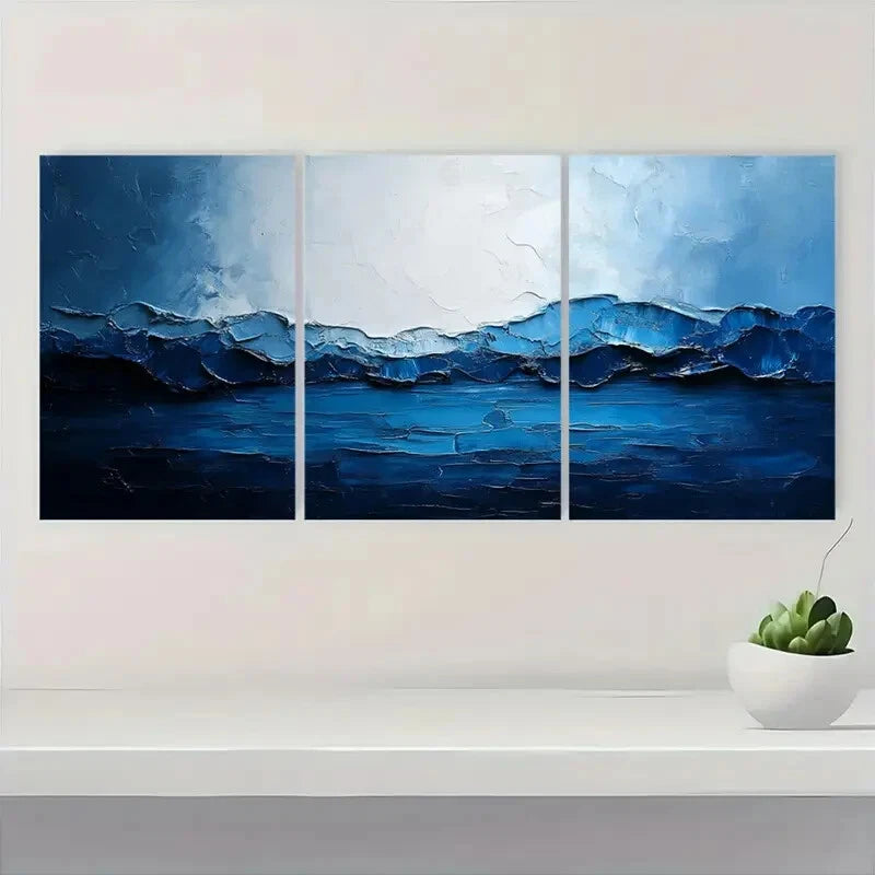 3pcs Texture Art Blue Abstract Knife Painting Metal Print Ready to Hang Art
