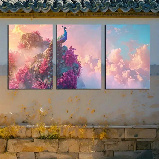 3pcs Vibrant Peacock on Blossoming Tree Metal Print Ready to Hang Art