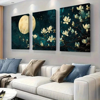 3pcs Dark Teal And Golden Botanical Decor Wall Art Set Canvas Framed 40x60cm - High Quality Print 100% Australian Made Wall Canvas Ready to Hang